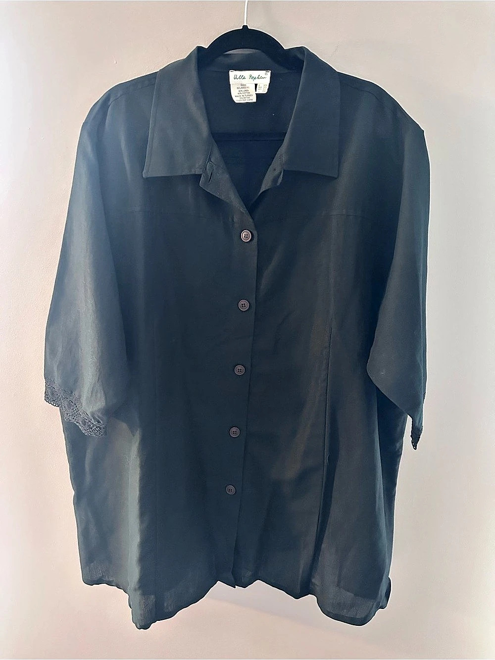 Ulla Popken Black Linen Blend Crochet Trim Button Down Shirt Plus Size 24/26 3X